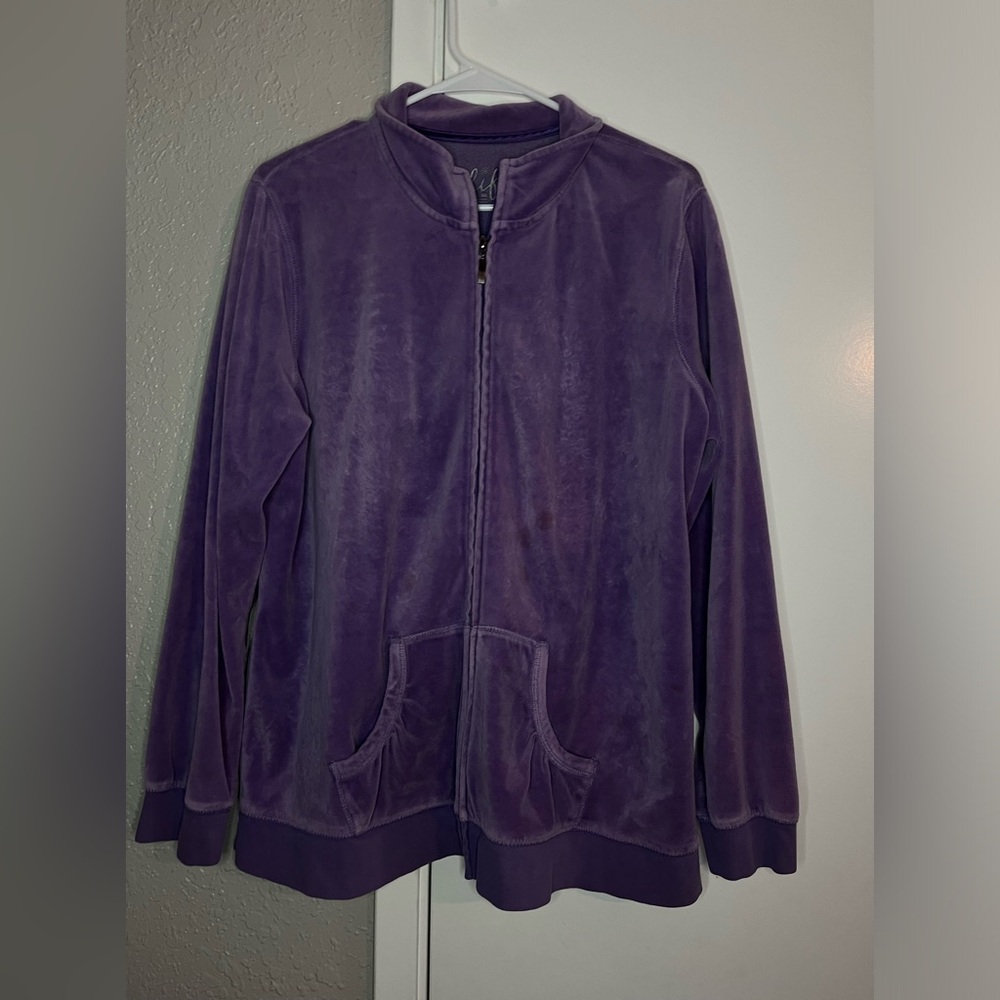 Purple velvet zip up sweater.